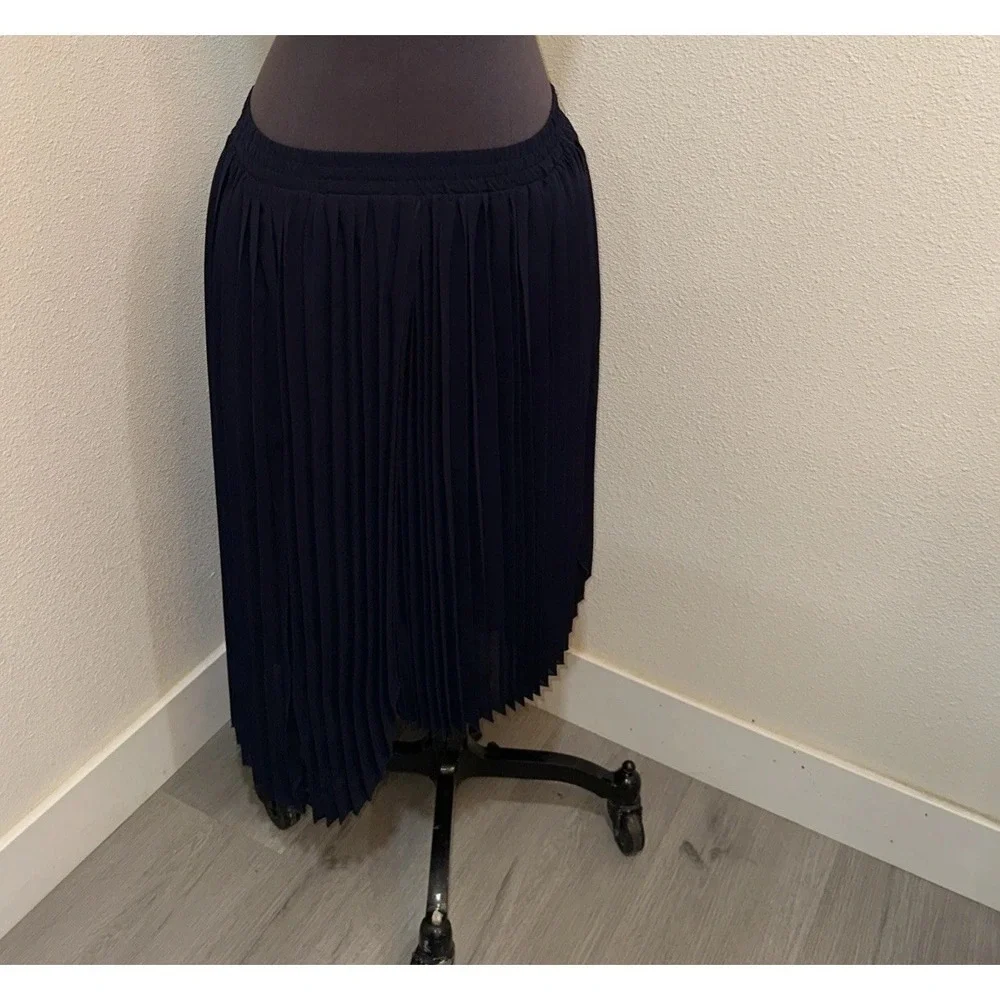 Pleione Asymmetrical Pleated Midi Skirt Black Sheer Overlay Size S Navy Pull On